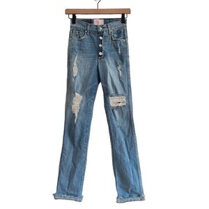 REVICE Light Wash Exposed Button Fly Distressed Reworked Denim Jeans